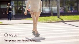  Presentation with city people walking - Presentation theme with leisure and people concept - senior man walking along summer city crosswalk background and a sky blue colored foreground