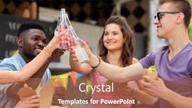  Presentation with food truck - Colorful theme enhanced with leisure celebration and people concept - happy friends clinking bottles of non-alcoholic drinks and eating at food truck backdrop and a coral colored foreground