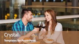  Presentation with food red - Presentation design featuring leisure celebration food and drinks people and holidays concept - smiling couple having dinner and drinking red wine at date in restaurant background and a coral colored foreground