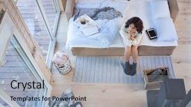  Presentation with cabin - Slides with leisure design - young beautiful brunette woman sitting background and a light blue colored foreground