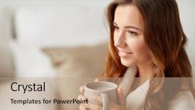  Presentation with cocoa - Cool new slides with leisure drink winter and people concept - happy young woman with cup of coffee or cocoa at home backdrop and a coral colored foreground