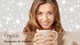  Presentation with tea coffee - Cool new PPT layouts with leisure drink winter and people concept - close up of happy young woman with cup of coffee or tea at home over snow backdrop and a coral colored foreground