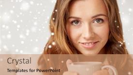  Presentation with tea coffee - Presentation design featuring leisure drink winter and people concept - close up of happy young woman with cup of coffee or tea over snow background and a coral colored foreground