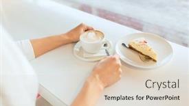 Presentation with lifestyle - Slide set featuring leisure food and drinks people and lifestyle concept - close up of young woman hands eating cake and drinking coffee at cafe background and a lemonade colored foreground