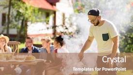  Presentation with food grill - Cool new PPT layouts with leisure food people and holidays backdrop and a coral colored foreground