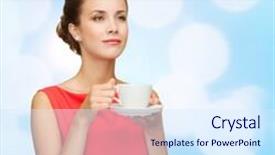  Presentation with blue lights - Presentation theme consisting of leisure happiness and drink concept - smiling woman in red dress with cup of coffee over blue lights background background and a sky blue colored foreground