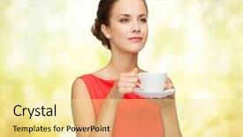  Presentation with golden lights - Amazing PPT layouts having leisure happiness and drink concept - smiling woman in red dress with cup of coffee over golden lights background backdrop and a blonde colored foreground
