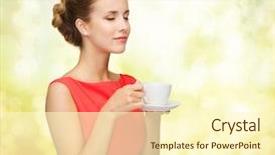  Presentation with golden lights - Slide deck consisting of leisure happiness and drink concept - smiling woman in red dress with closed eyes holding cup of coffee over golden lights background background and a cream colored foreground