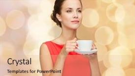  Presentation with golden lights - Beautiful slides featuring leisure happiness and drink concept - smiling woman in red dress with cup of coffee over golden lights background backdrop and a lemonade colored foreground