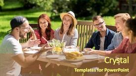  Presentation with summer party - Amazing theme having leisure holidays eating people and food concept - happy friends having dinner at summer garden party backdrop and a red colored foreground