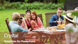  Presentation with dinner party - Beautiful theme featuring leisure holidays eating people and food concept - happy friends having dinner and photographing at summer garden party backdrop and a red colored foreground