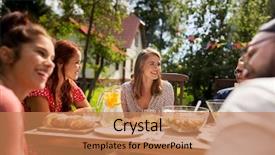  Presentation with dinner party - Beautiful slides featuring leisure holidays eating people backdrop and a coral colored foreground