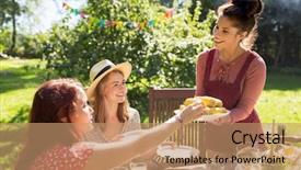  Presentation with summer party - Colorful PPT theme enhanced with leisure holidays eating people and food concept - happy friends having dinner at summer garden party backdrop and a coral colored foreground