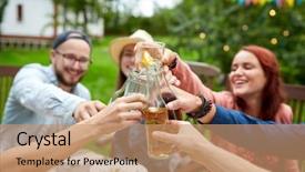  Presentation with dinner party - Beautiful PPT layouts featuring leisure holidays eating people and food concept - happy friends having dinner at summer garden party and clinking drinks backdrop and a coral colored foreground