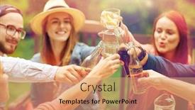  Presentation with summer party - Theme enhanced with leisure holidays eating people and food concept - happy friends having dinner at summer garden party and clinking drinks background and a coral colored foreground