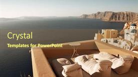  Presentation with santorini - Slide deck with leisure life settings with couch in santorini greece background and a tawny brown colored foreground