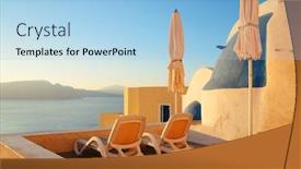  Presentation with santorini - Presentation design with leisure-life-settings-with-umberlla background and a light blue colored foreground