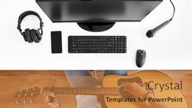  Presentation with computer music - Colorful PPT theme enhanced with leisure-music-and-people-concept backdrop and a gold colored foreground