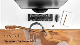  Presentation with computer music - Slide set having leisure-music-and-people-concept background and a coral colored foreground