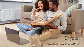  Presentation with african people - Slide deck with leisure people and food concept - happy african american couple with laptop computer eating takeaway pizza at home background and a coral colored foreground