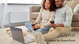  Presentation with pizza technology - Cool new PPT layouts with leisure people and technology concept - happy african american couple with laptop computer and takeaway pizza and drinking red wine at home backdrop and a coral colored foreground