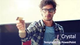  Presentation with credit card - Colorful presentation theme enhanced with leisure people payment and finance backdrop and a navy blue colored foreground