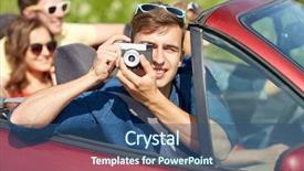  Presentation with car picture - Cool new PPT theme with leisure road trip travel summer holidays and people concept - happy friends driving in cabriolet car and taking picture by film camera backdrop and a ocean colored foreground