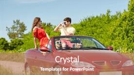  Presentation with car picture - Amazing slide deck having leisure road trip travel summer holidays and people concept - happy friends driving in cabriolet car and taking picture by film camera backdrop and a coral colored foreground
