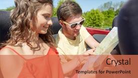  Presentation with travel friends - Colorful slide deck enhanced with leisure road trip travel and people concept - happy friends with map driving in cabriolet car along country road and searching location backdrop and a coral colored foreground