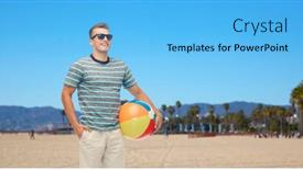  Presentation with beach ball - Presentation having leisure summer holidays and people concept - smiling young man in sunglasses with ball over venice beach background in california background and a light blue colored foreground