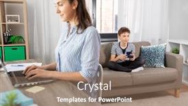  Presentation with working mother - Audience pleasing presentation theme consisting of leisure-technology-and-children-concept backdrop and a coral colored foreground