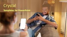  Presentation with internet addiction - Slides having leisure technology and internet addiction concept - couple with smartphones at home in evening background and a tawny brown colored foreground