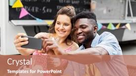  Presentation with food truck - PPT layouts enhanced with leisure technology and people concept - happy mixed race couple taking selfie by smartphone at food truck background and a coral colored foreground