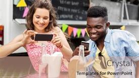  Presentation with food truck - Beautiful PPT layouts featuring leisure technology and people concept - happy mixed race couple photographing wok by smartphones at food truck backdrop and a coral colored foreground