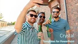  Presentation with city rooftop party - Colorful presentation design enhanced with leisure technology and people concept - happy male friends taking selfie by smartphone and drinking beer at rooftop party in summer city backdrop and a ocean colored foreground