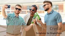  Presentation with summer party - PPT theme enhanced with leisure technology and people concept - happy male friends taking selfie by smartphone and drinking beer at rooftop party in summer background and a coral colored foreground