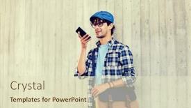  Presentation with recorder - Presentation consisting of leisure technology communication and people concept - smiling hipster man with shoulder bag using voice command recorder or calling on smartphone at street wall background and a soft green colored foreground