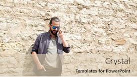  Presentation with wall street - Colorful slide deck enhanced with leisure technology communication and people concept - smiling man calling on smartphone at stone wall on city street backdrop and a lemonade colored foreground