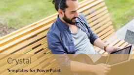  Presentation with man sitting bench - Colorful slide set enhanced with leisure technology communication travel and people concept - man with tablet pc computer and bag sitting on city street bench backdrop and a yellow colored foreground