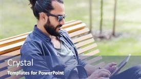  Presentation with man sitting bench - Slide set consisting of leisure technology communication travel and people concept - man with tablet pc computer sitting on city street bench background and a ocean colored foreground