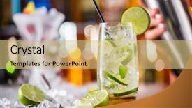 Presentation with cocktail bar - Presentation theme enhanced with lemon lime party - mojito cocktail drink on bar background and a yellow colored foreground