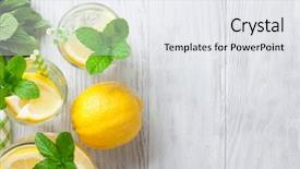  Presentation with lemonade - Audience pleasing presentation theme consisting of lemonade with lemon mint and ice on wooden table top view with copy space backdrop and a white colored foreground