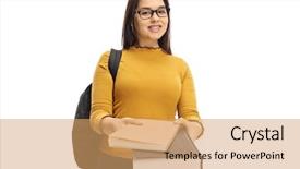  Presentation with teen - Amazing presentation having lending - female teen student giving books backdrop and a coral colored foreground