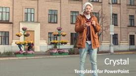  Presentation with dancer music outdoor - Slide set with length - handsome hipster with headphones listening background and a gray colored foreground