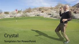  Presentation with full length portrait two men women brown sweater - Slide deck with length of senior male golf background and a  colored foreground