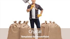  Presentation with full length portrait two men women brown sweater - Slide deck with length portrait of a farmer background and a coral colored foreground