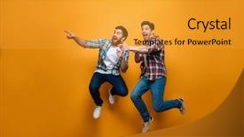  Presentation with full length portrait two men women brown sweater - Cool new slides with length portrait of a two backdrop and a gold colored foreground