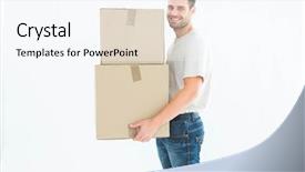  Presentation with full length portrait two men women brown sweater - Beautiful presentation featuring length portrait of happy delivery backdrop and a sky blue colored foreground