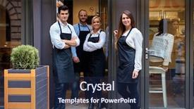  Presentation with cafeteria - Theme enhanced with length service - happy waiters and waitresses standing background and a navy blue colored foreground