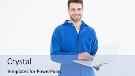  Presentation with mechanic - Beautiful PPT layouts featuring length service - portrait of happy young male backdrop and a light blue colored foreground